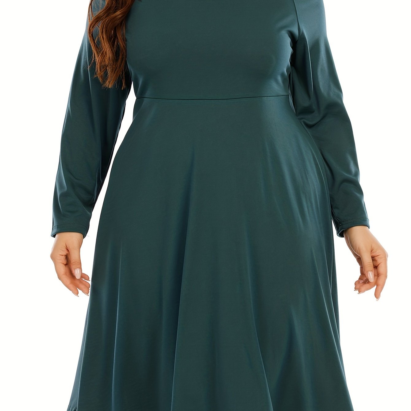  Casual Dress Women's Plain Long Sleeve Scallop Trim Boat Neck Dress