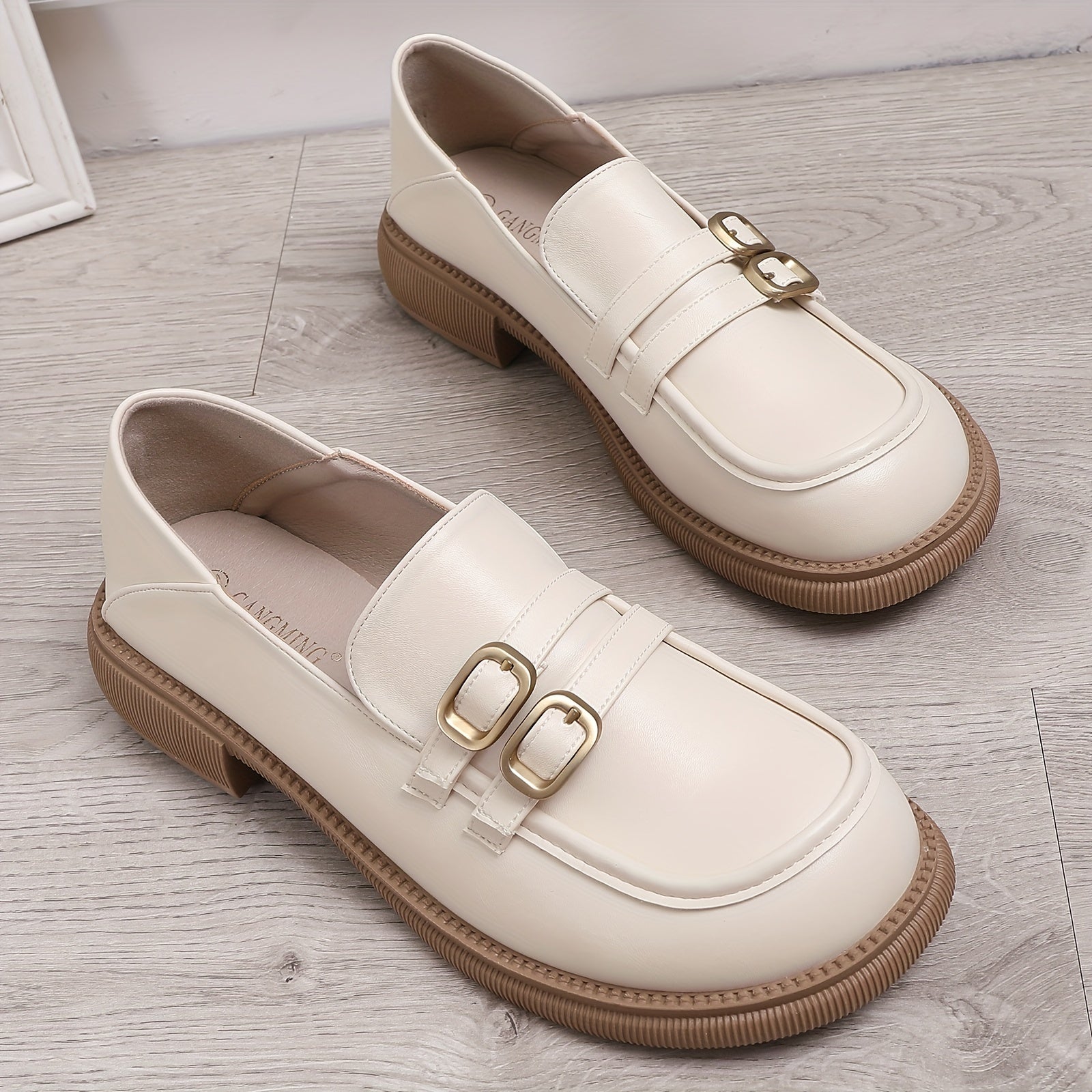 Women's Double Buckle Strap Loafers Slip On Shoes
