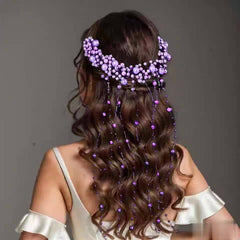 Vintage Bridal Hair Accessory Purple Beaded Tassel Veil with Floral Headpiece