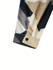  Geometric Print Lapel Collar Blouse