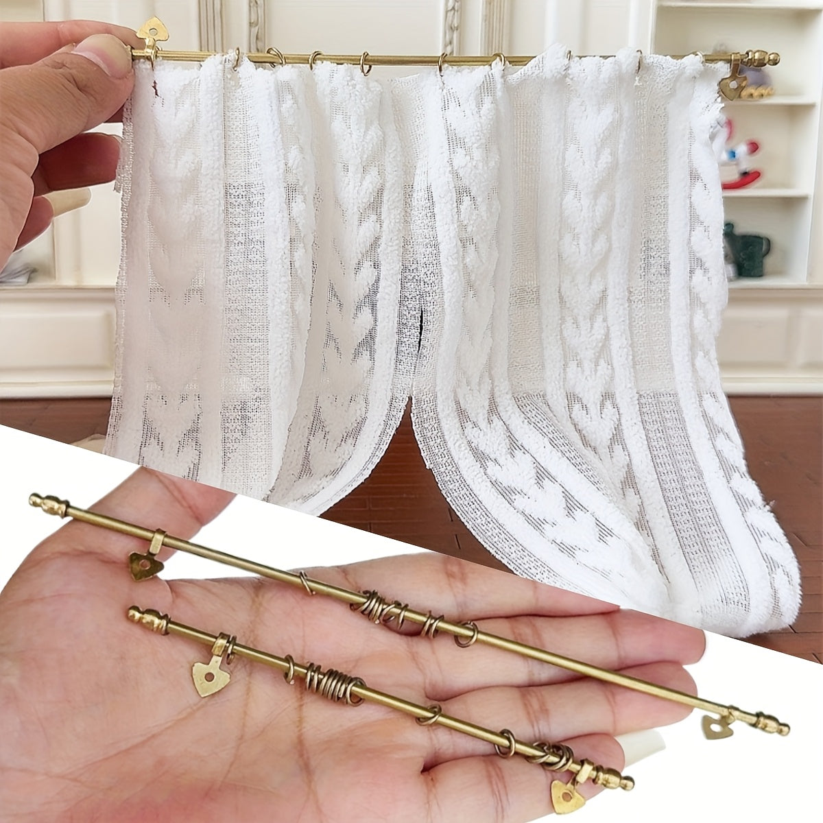 Dollhouse Metal Curtain Rods w/ Lace Curtains DIY Decor & Photography Props