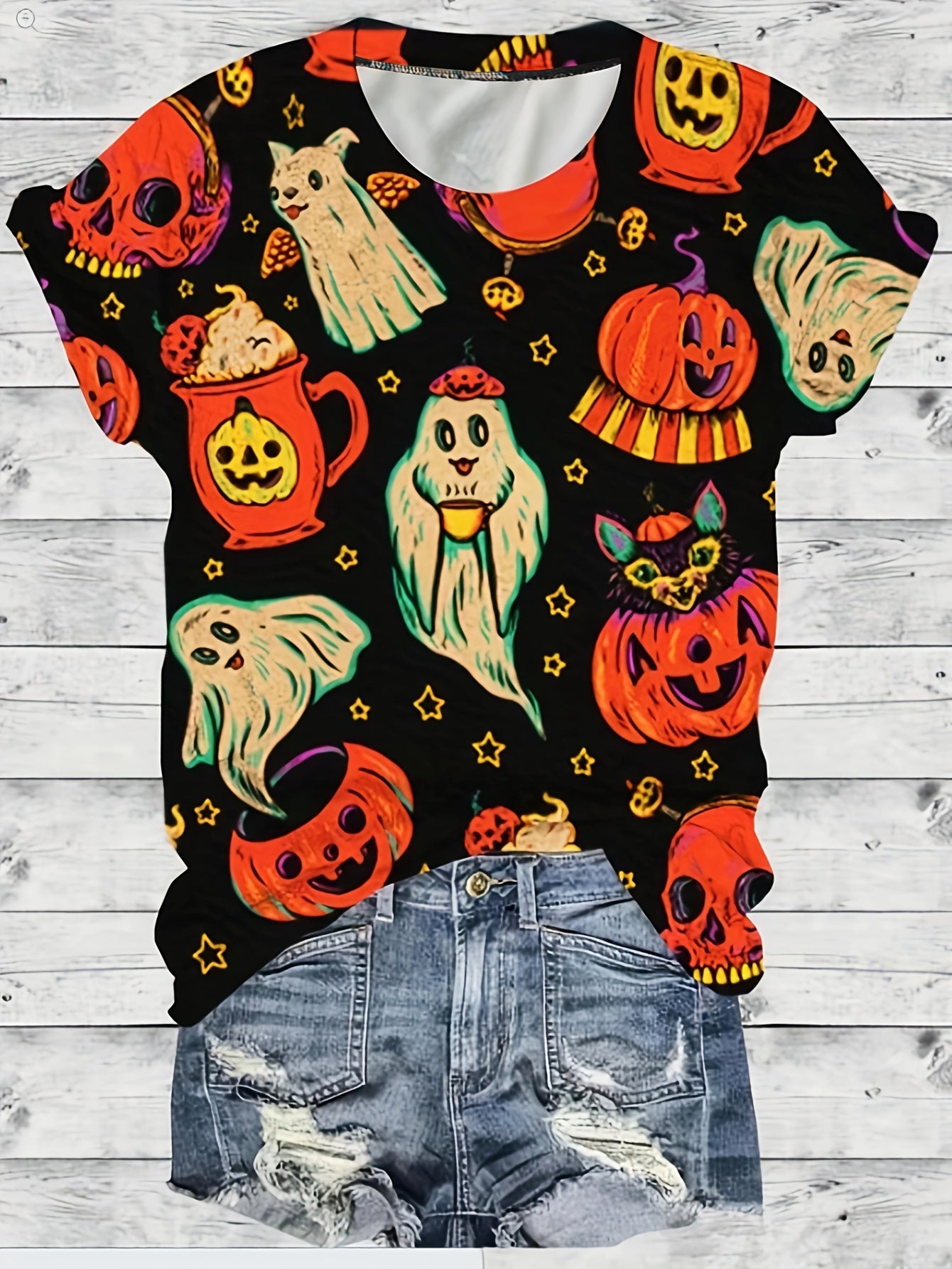  Halloween Blouse Women's Plus Pumpkin & Ghost Print Short Sleeve Top