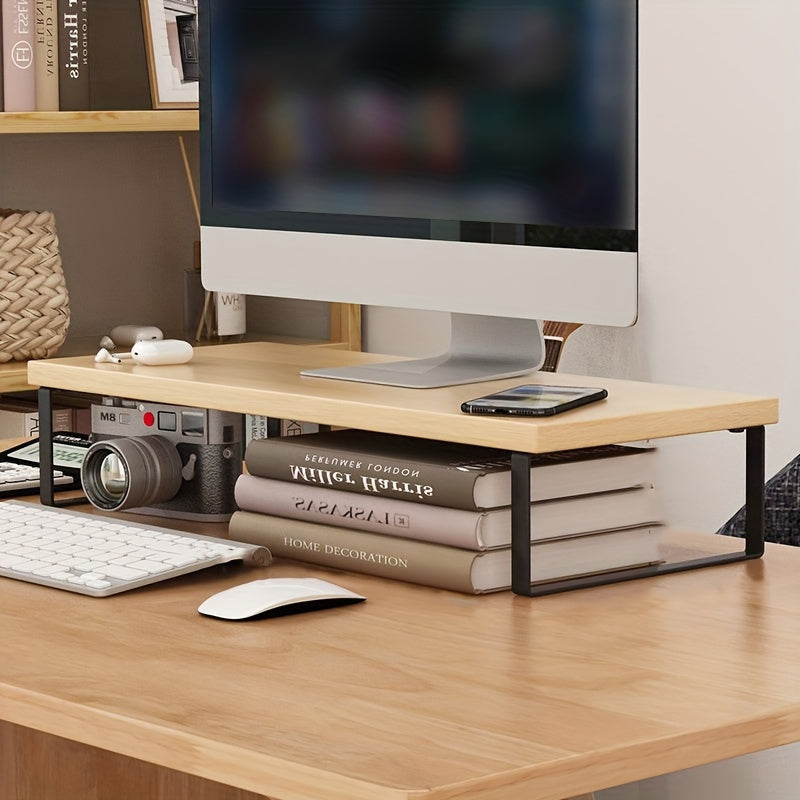 Wooden Monitor Stand for Computer Desk with Folding Storage Table