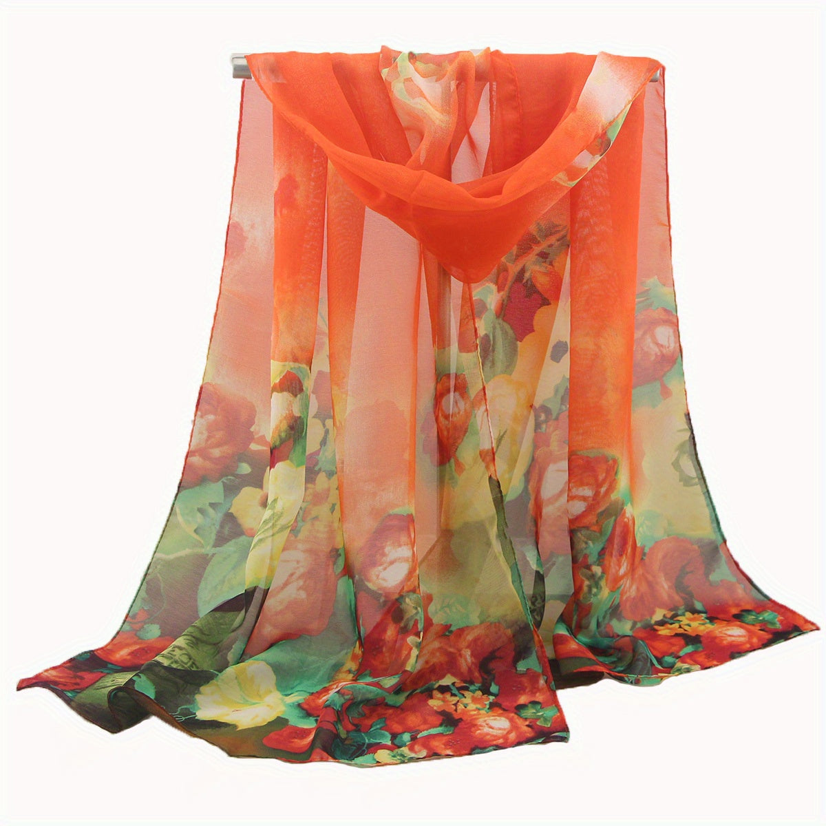 Flower Print Chiffon Scarf Gradient Shawl Thin Boho Hijab Sunscreen Head Wrap