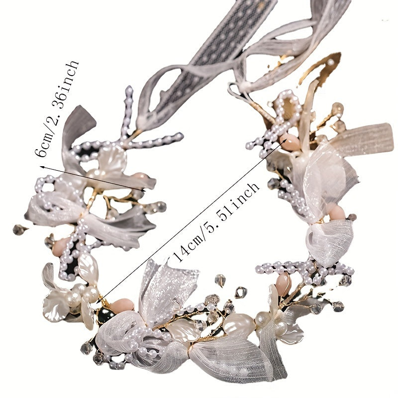 Faux Pearl Bridal Headband with Mesh Streamer Wedding Hair Accessory