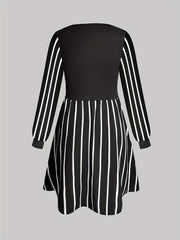  Colorblock Striped Long Sleeve Round Neck Dress