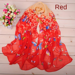 Colorful Butterfly Print Long Chiffon Silk Scarf for Women