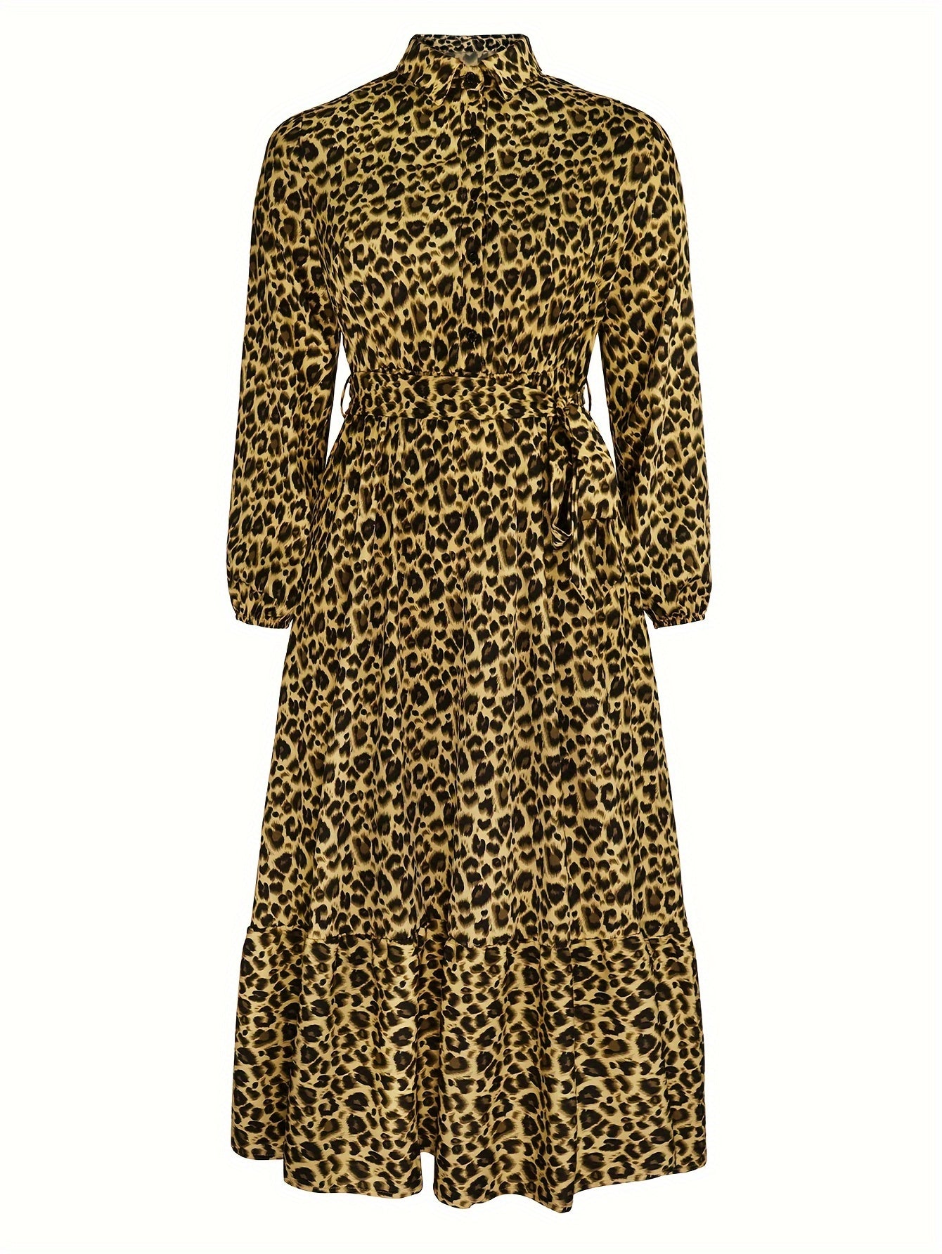  Women's Leopard Print Button Up Long Sleeve Shirt Dress