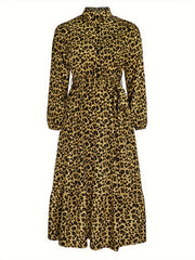  Women's Leopard Print Button Up Long Sleeve Shirt Dress