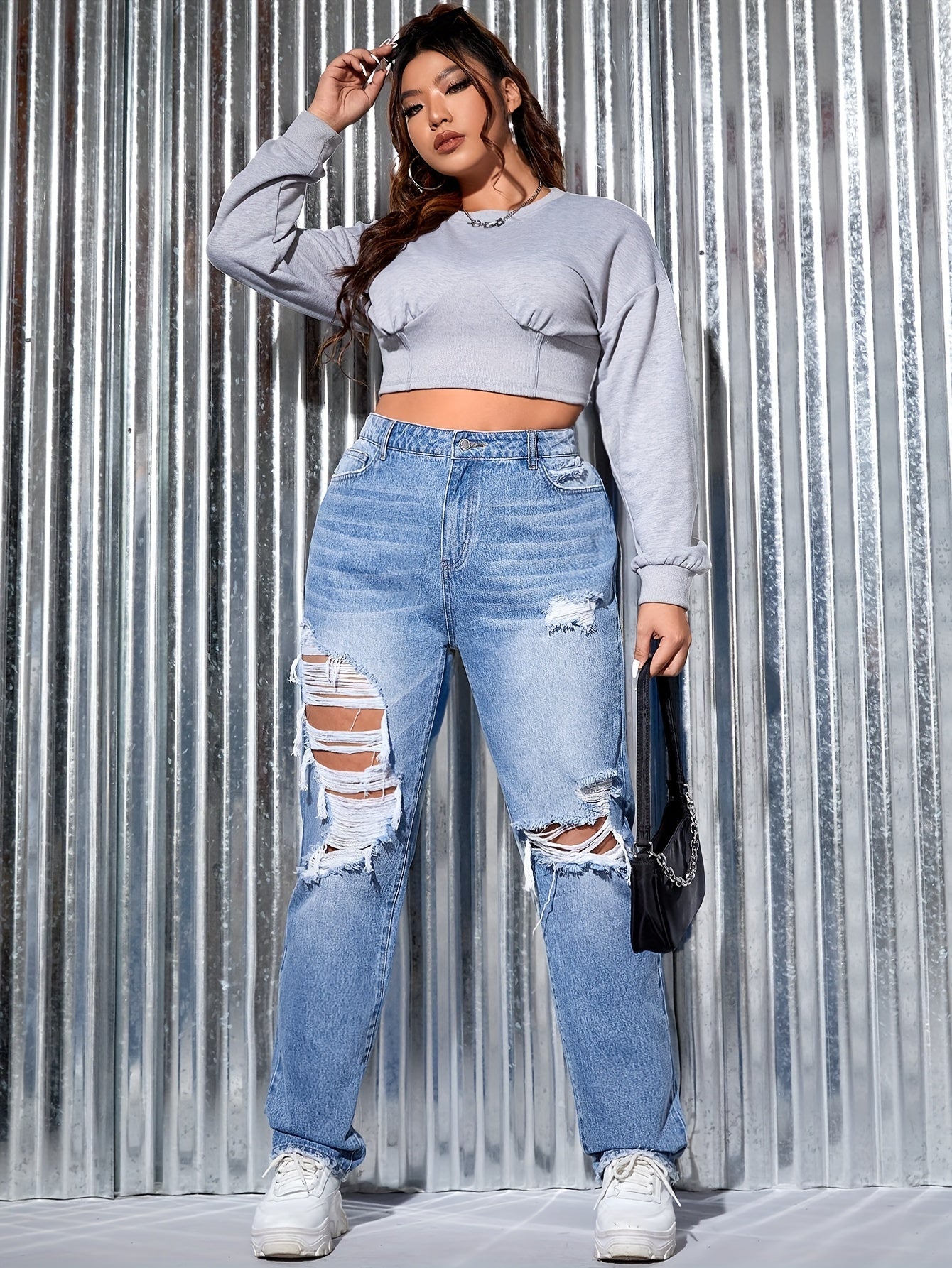 Plus Size Washed Ripped High Rise Straight Leg Jeans