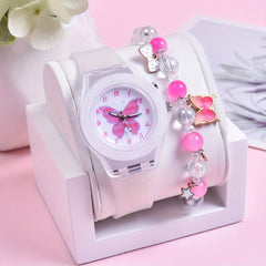 Girls' Silicone Strap Pointer Watch Set Butterfly Quartz Wristwatch