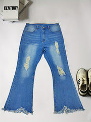  Women's Ripped Raw Trim High Rise Flared Leg Jeans