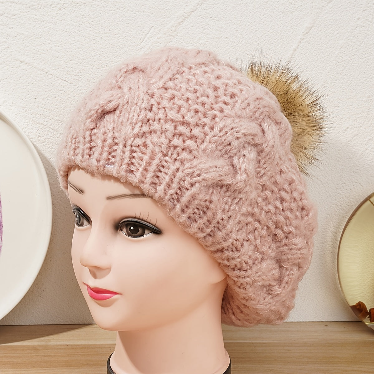 Women's Woolen Beanie Hat with Faux Fox Fur Pom Pom