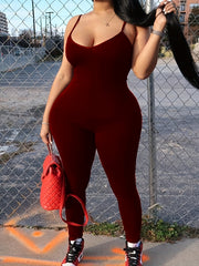  Basic Jumpsuit Women's Plus Plain Round Neck Medium Stretch Skinny Cam