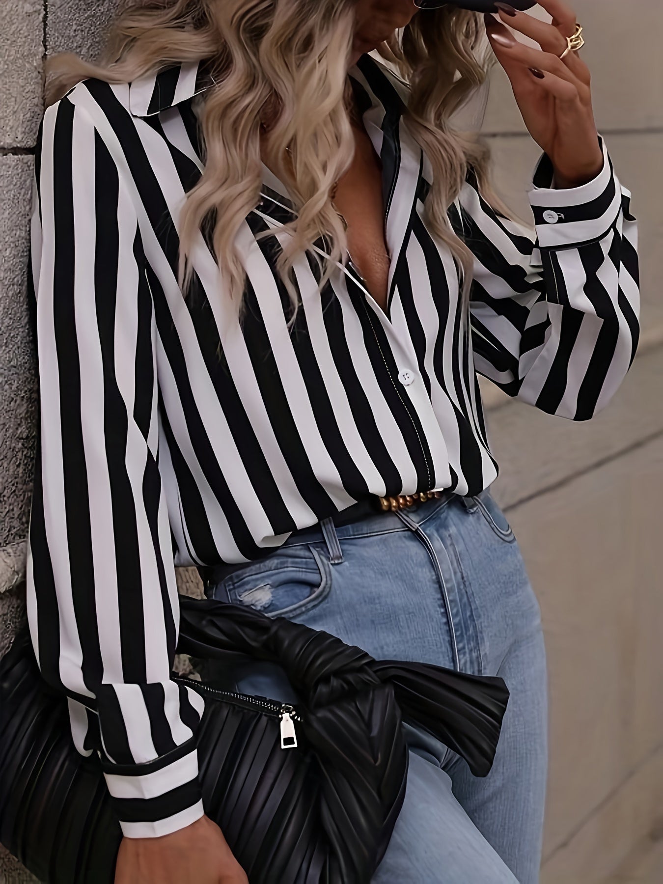  Stripe Print Long Sleeve Button Up Collar Shirt