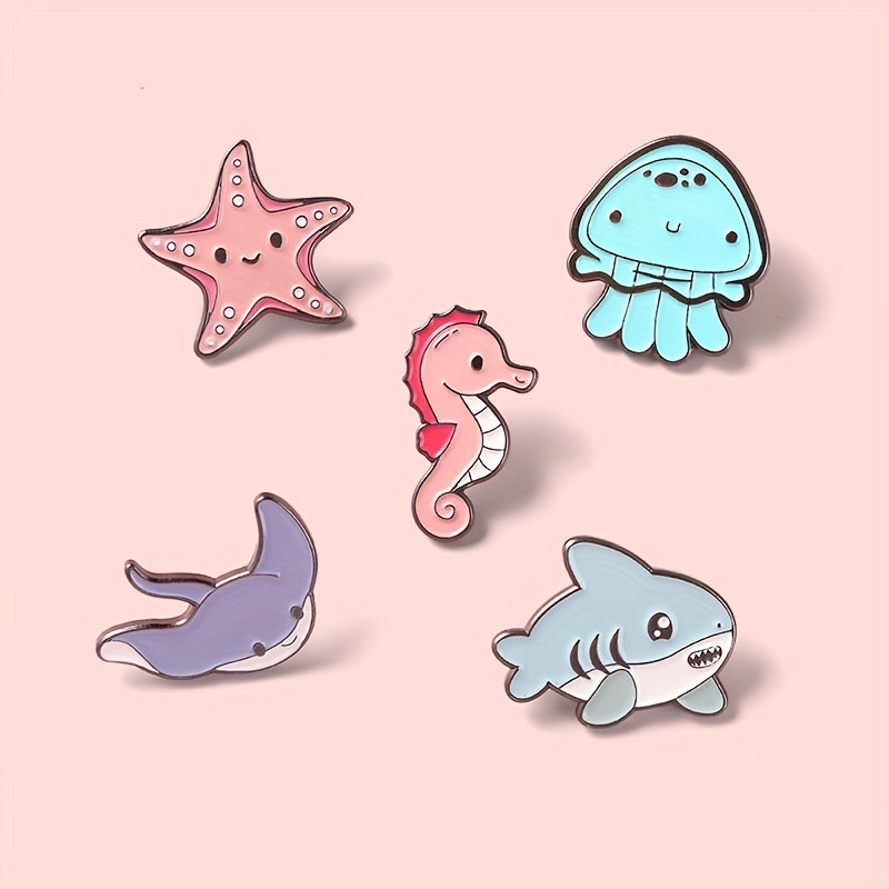 Enamel Marine Life Brooch Set Shark Jellyfish Seahorse Pins