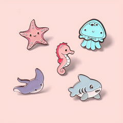 Enamel Marine Life Brooch Set Shark Jellyfish Seahorse Pins