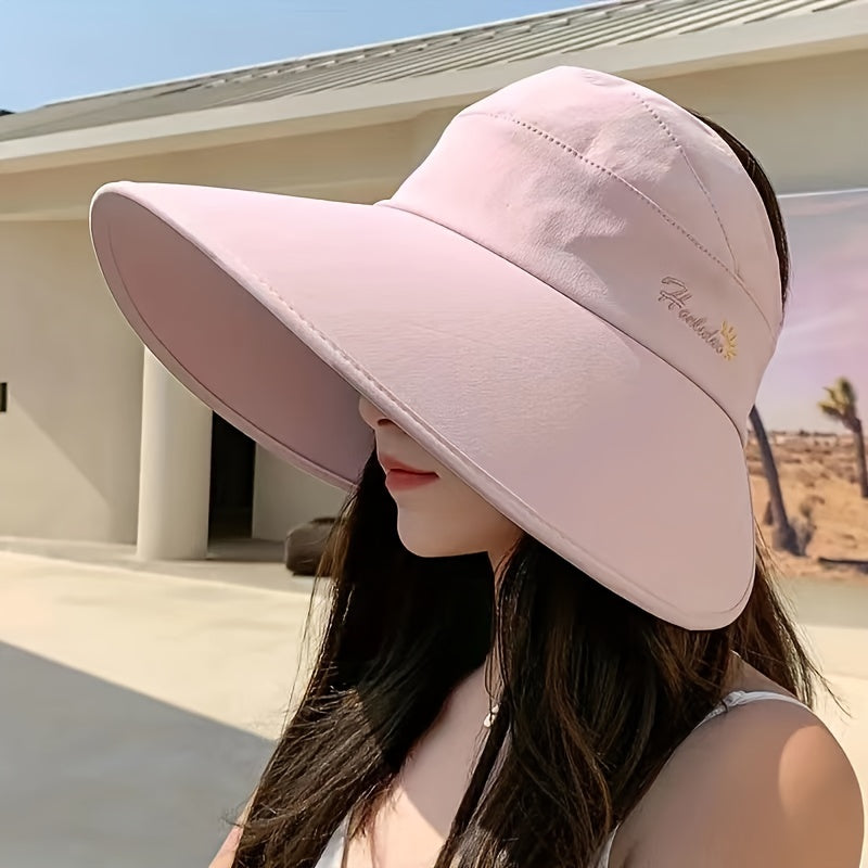 Wide Brim Ponytail Visor Hat UV Protection Windproof Sun Hats Solid Travel Beach