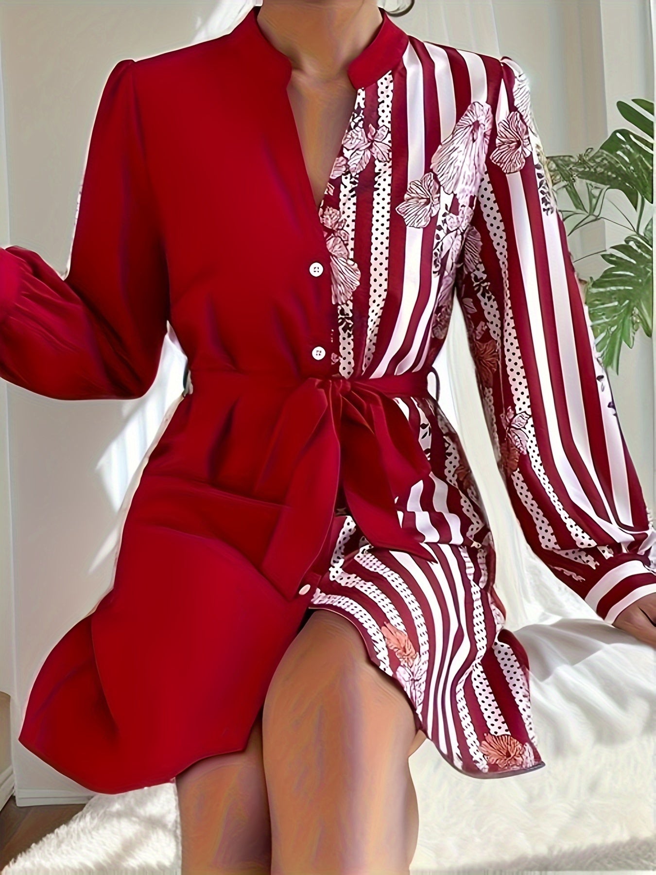  Women's Long Sleeve Button Up Dress With Belt