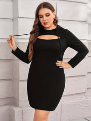  Solid Hooded Drawstring Cut Out Front Midi Dress