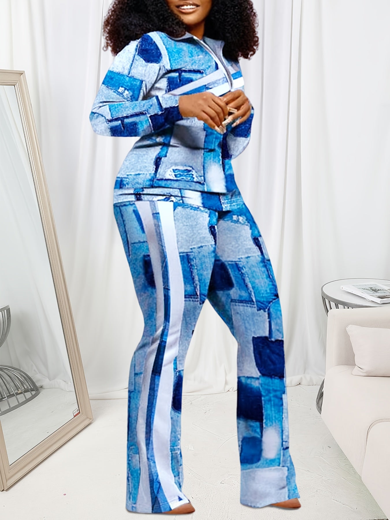 Women's Plus Denim Print Zip Up Top & Pants Set