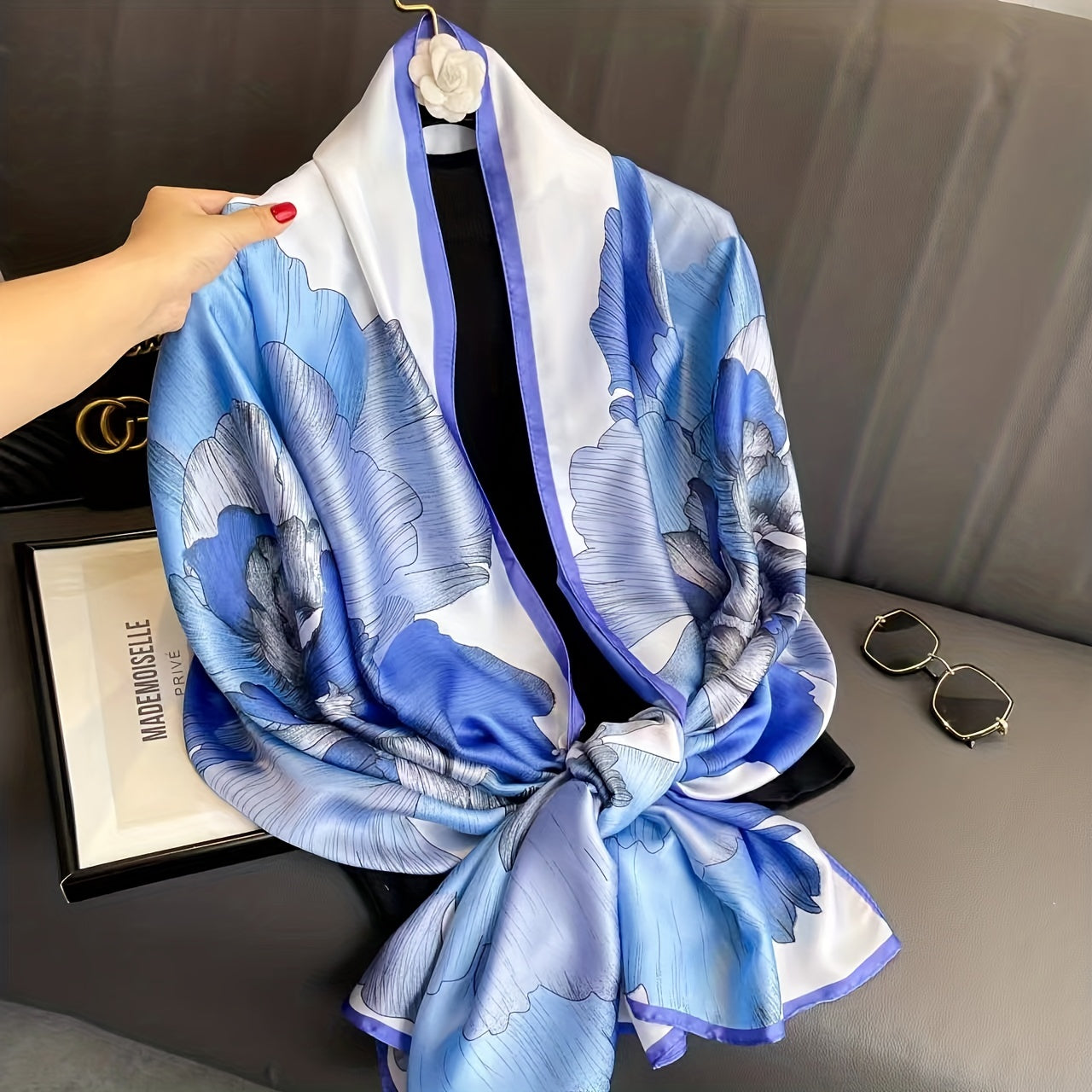 Flower Print Square Scarf Large Satin Shawl Vintage Neckerchief