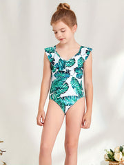 Girl's Tropical Plant Pattern Onesie Swimsuit Ruffle Tankini