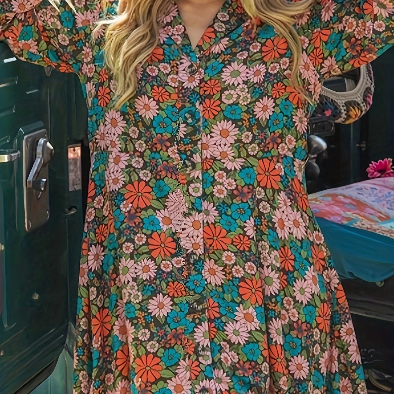  Floral Print Long Sleeve Dress