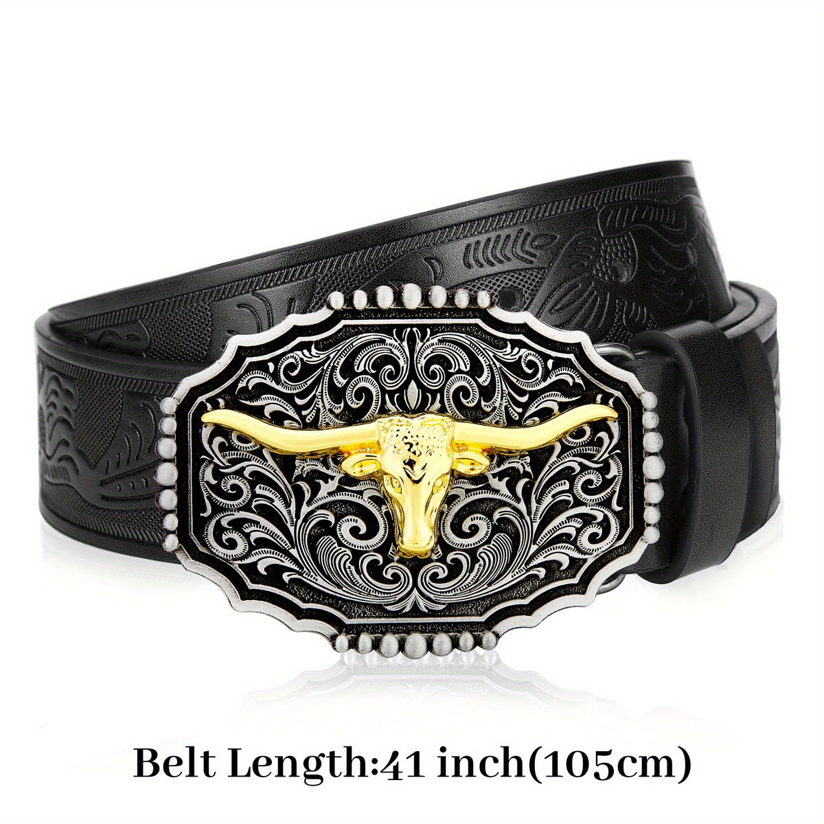 Men's Western Cowboy Leather Belt Long Horn Bull Buckle Embossed Floral