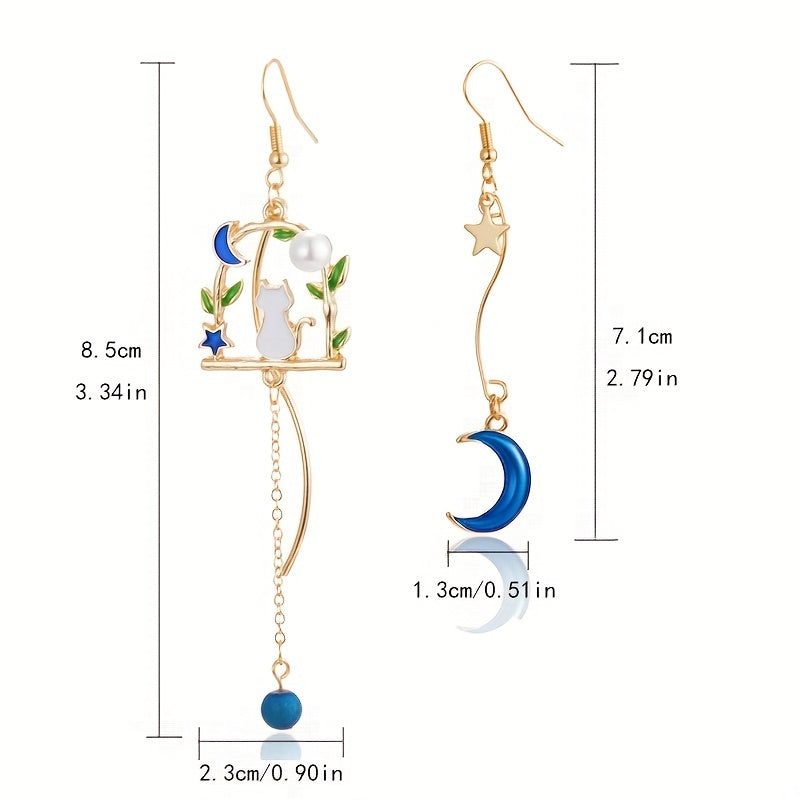 Kitten Moon Star Leaf Tassel Earrings