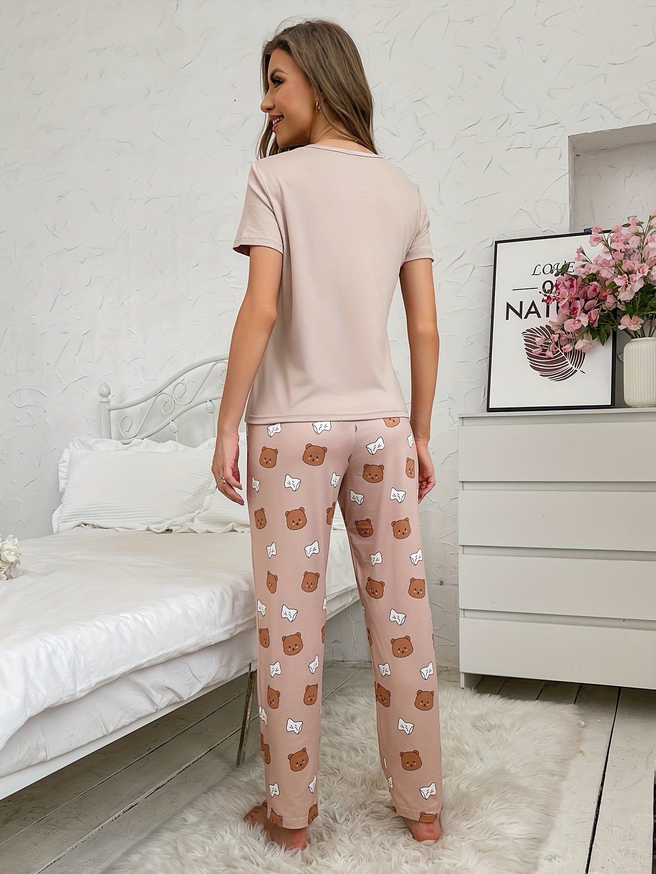 Cartoon Bear Lounge Set Short Sleeve Top & Pants Women's Pajama Set