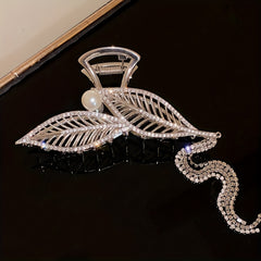 Metal Leaves Hair Claw With Rhinestone Tassel Ponytail Holder