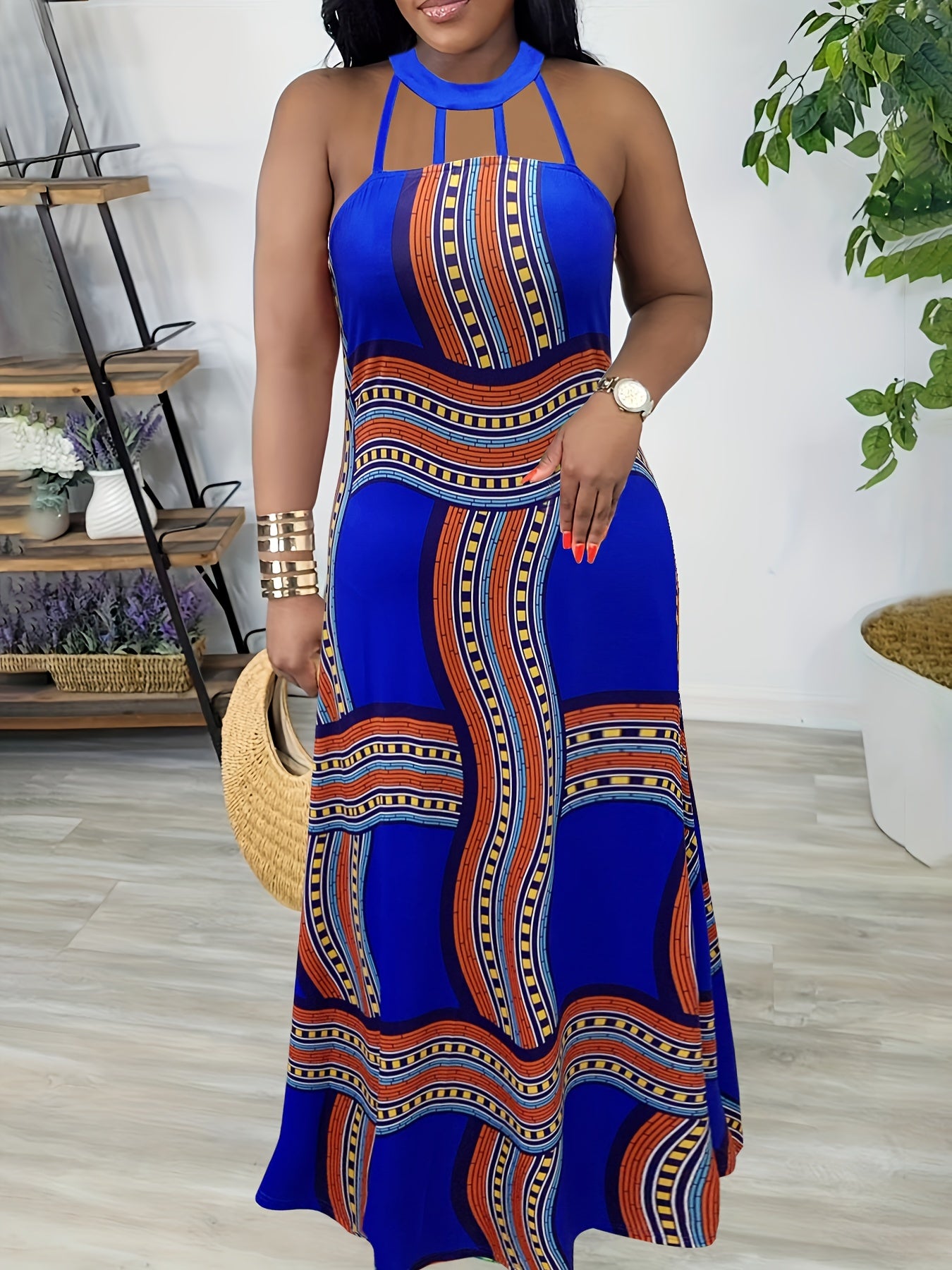  Geometric Print Off Shoulder Nipped Waist Dress