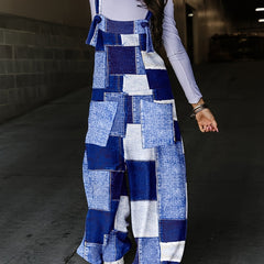 Plus Denim Print Square Neck Wide Leg Jumpsuit