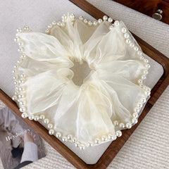 Organza Scrunchies Hair Tie with Faux Pearl Brim Elastic Ponytail Holder