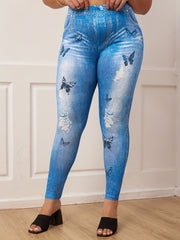  Casual Leggings Women's Plus Butterfly & Denim Print Leggings
