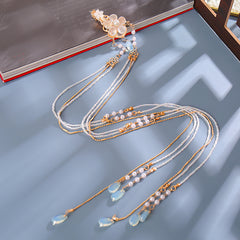 Vintage Chinese Style Hanfu Hair Clip with Faux Pearl Flower Leaf Beaded Tassel