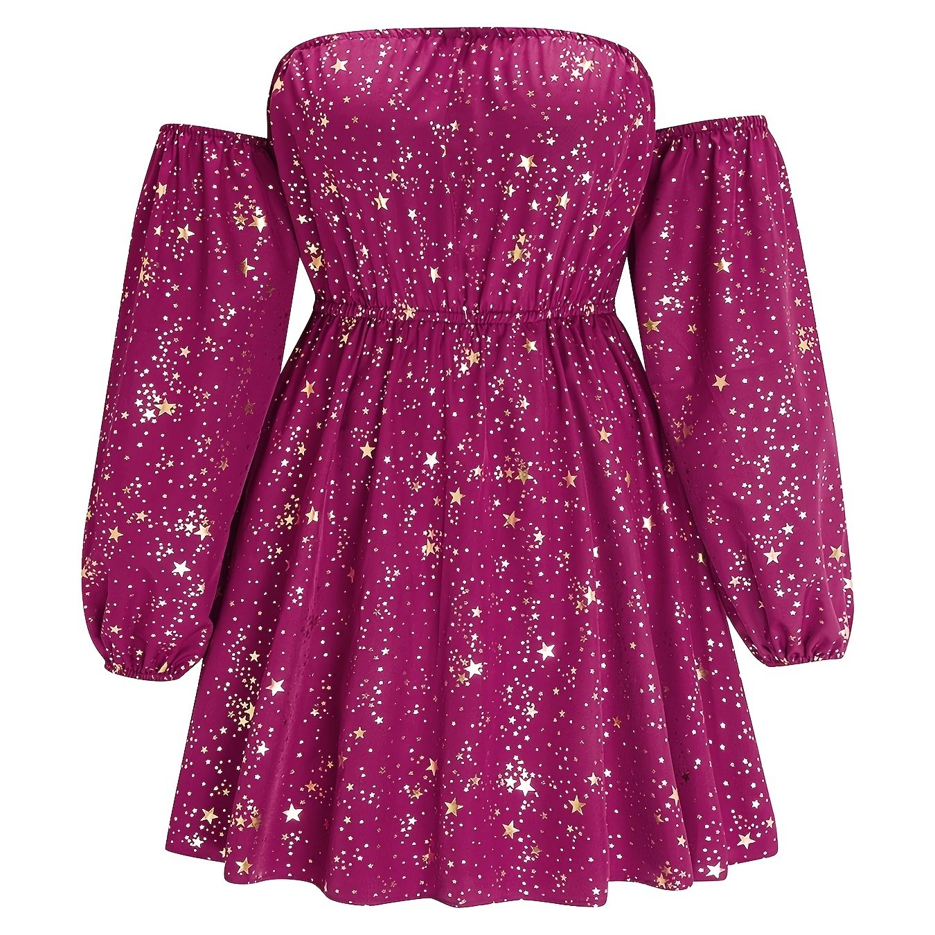  Golden Star Print Off Shoulder Mini Dress
