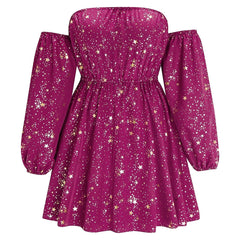  Golden Star Print Off Shoulder Mini Dress