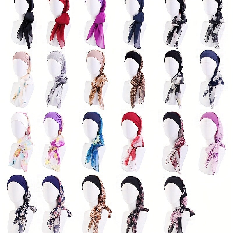 Floral Print Chiffon Bonnet Long Hair Lace Up Head Scarf