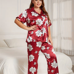  Floral Print Satin Pajamas Set Button Up Lounge Two Piece Set