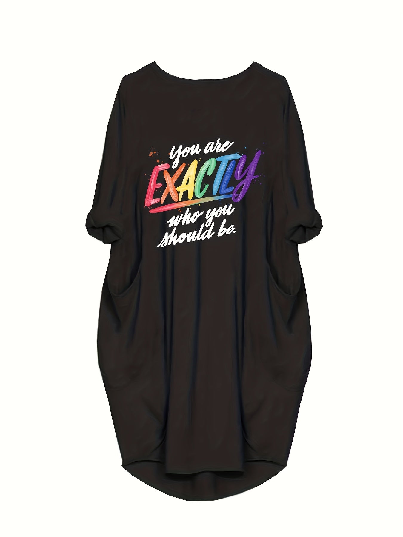  Slogan Print Long Sleeve Loose Fit Dress
