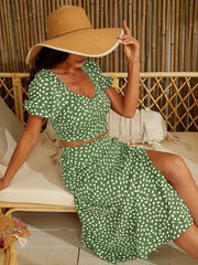 Boho Allover Print Sweetheart Crop Top & Split Skirt Set