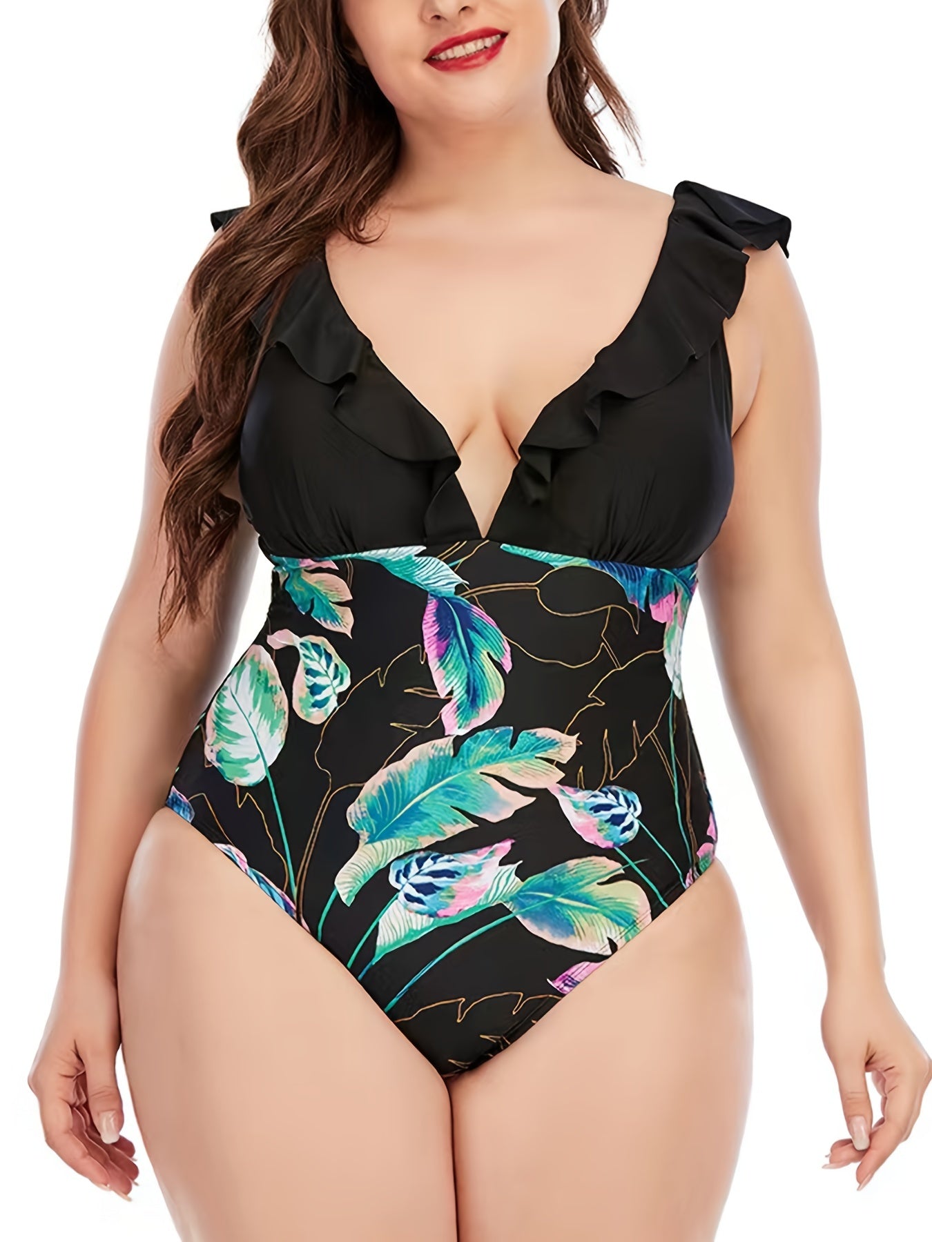  Colorblock Floral Print Ruffle Trim One Piece Swimsuit