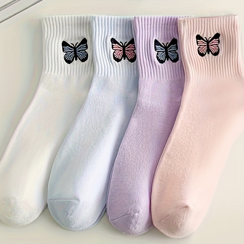 4 Pairs Butterfly Pattern Ribbed Socks Soft Mid Tube Women's Stockings