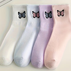 4 Pairs Butterfly Pattern Ribbed Socks Soft Mid Tube Women's Stockings