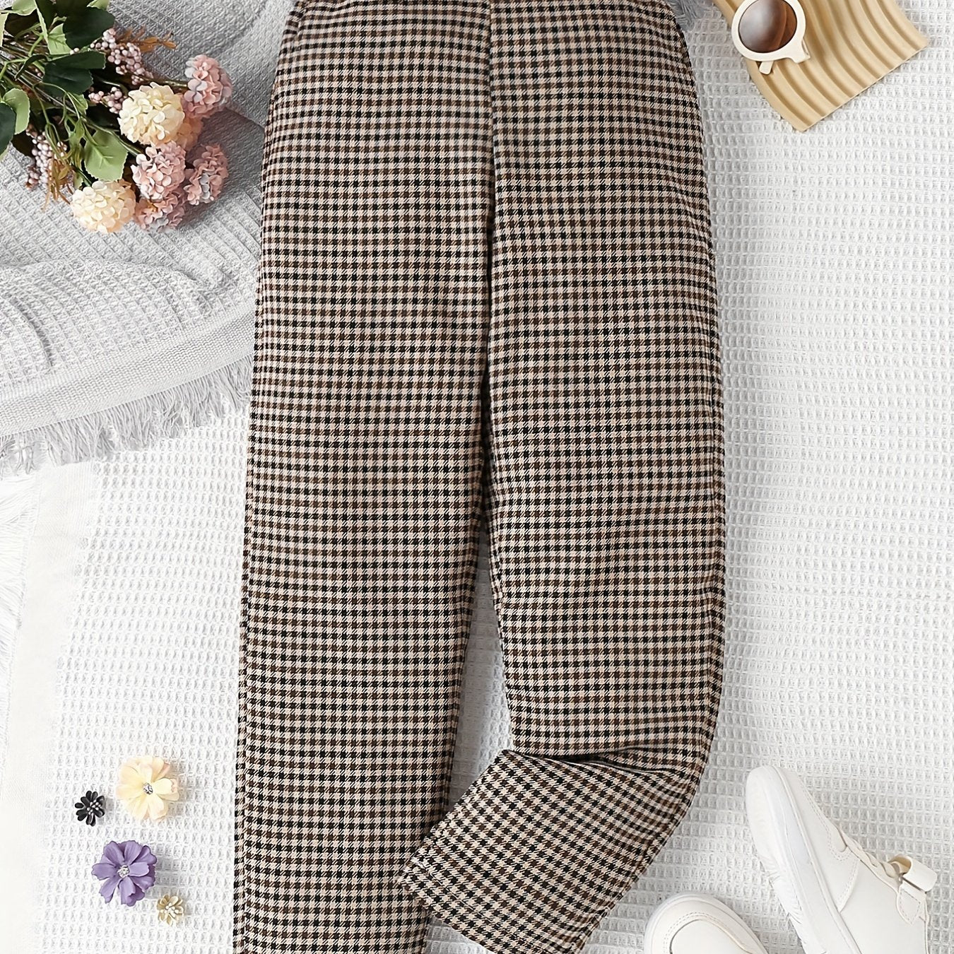 Girls' Casual Plaid Print Leather Decor Straight Leg Pants