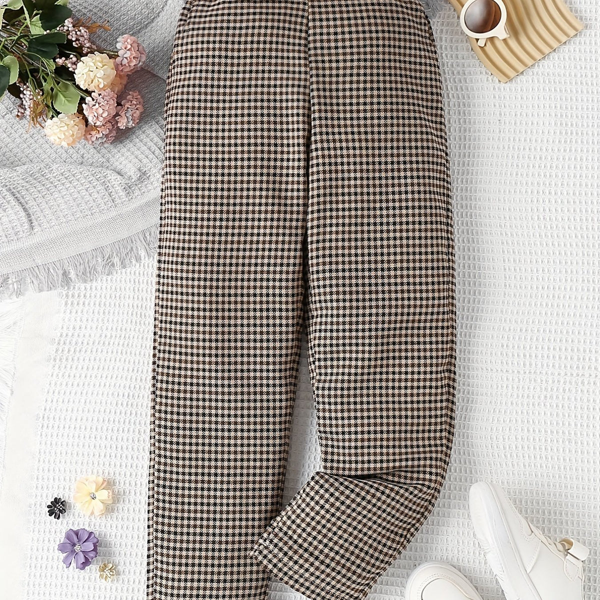 Girls' Casual Plaid Print Leather Decor Straight Leg Pants