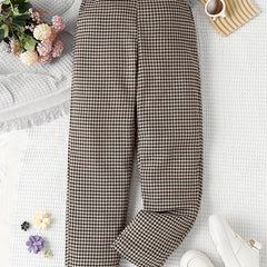 Girls' Casual Plaid Print Leather Decor Straight Leg Pants