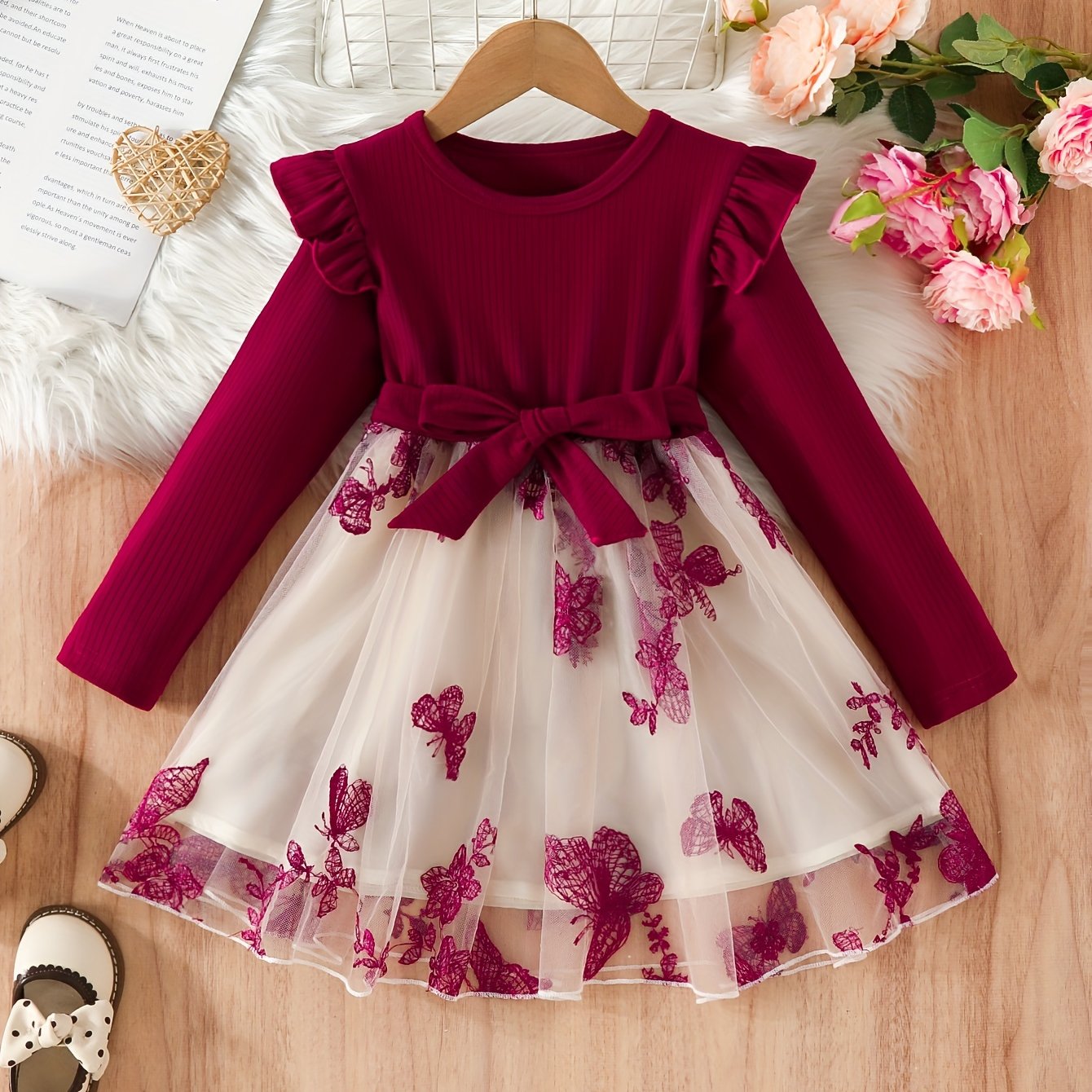 Kid Girl Butterfly Embroidery Tulle Ruffle Sleeve Dress